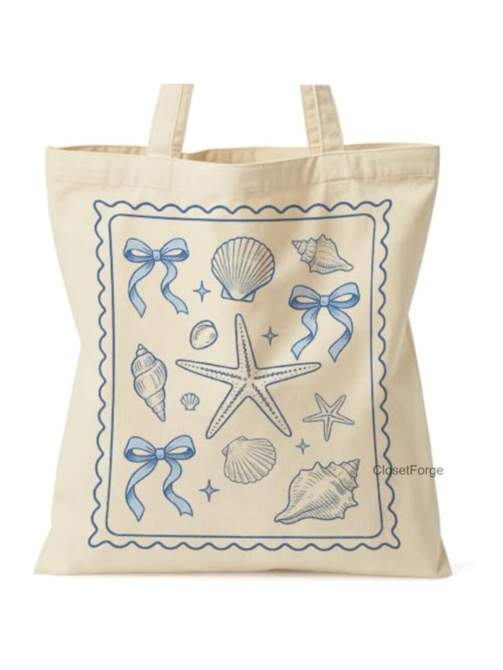Canvas Coastal Tote Bag with Starfish & Shells, Inner Zipper Pocket